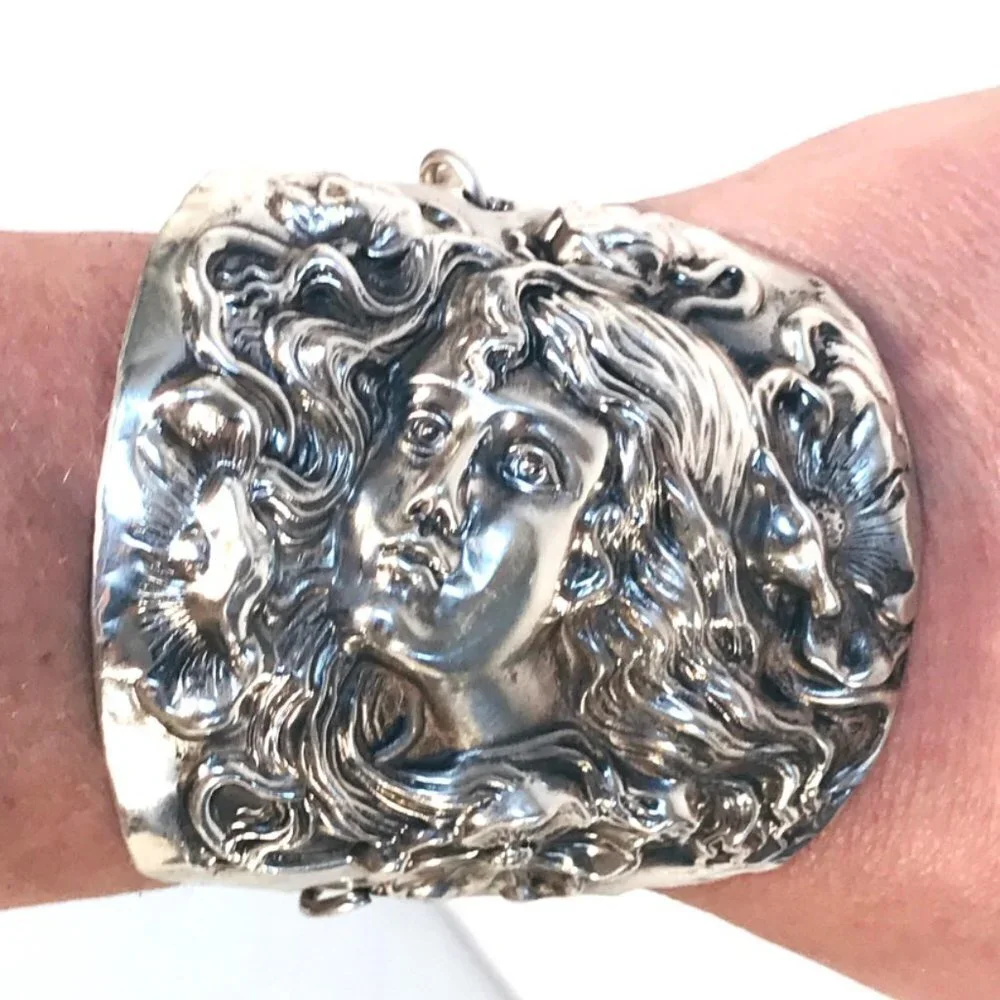 Rare Antique Goddess Sterling Silver Cuff Bracelet Victorian 925 Medusa Nouveau